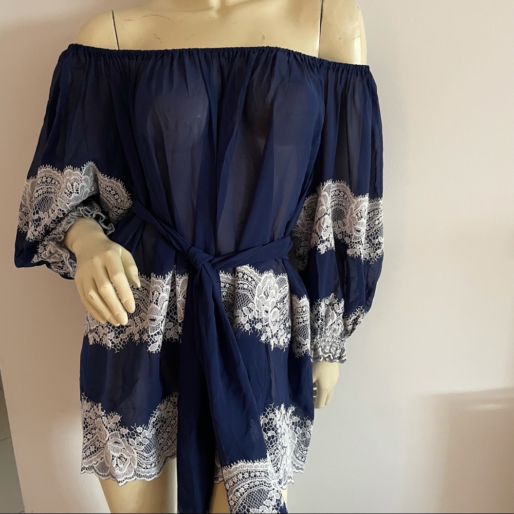 Navy with white lace trim blouse